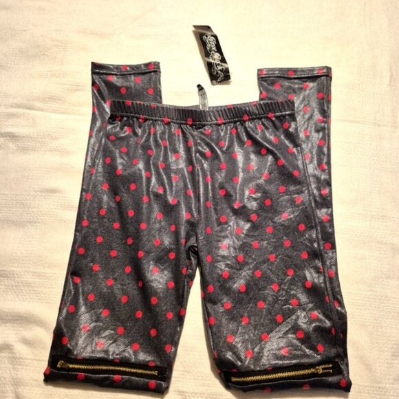 True Rock women's Small gray with red dot 3 knee zippered leggings, shimmery NWT - Picture 3 of 7